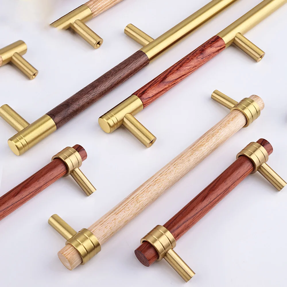 Nordic Style Brass Walnut Furniture Handles Wood Pulls Cupboard Wardrobe Dresser Shoe Box Drawer Cabinet Knobs