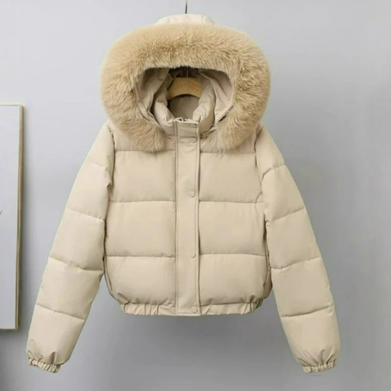 

2026 Winter New Fur Collar Cotton Jacket for Women Short Korean Version Thick Hooded Small Warm Fluffy Cotton Outerwear