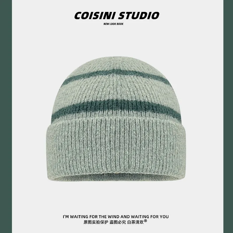 Japanische Retro-Trendmütze mit Streifenmuster, Strickmütze für Herbst und Winter, Outdoor-Wärmemütze mit Ohrenschutz, lässige Beanie-Mütze für Damen – Detail 1