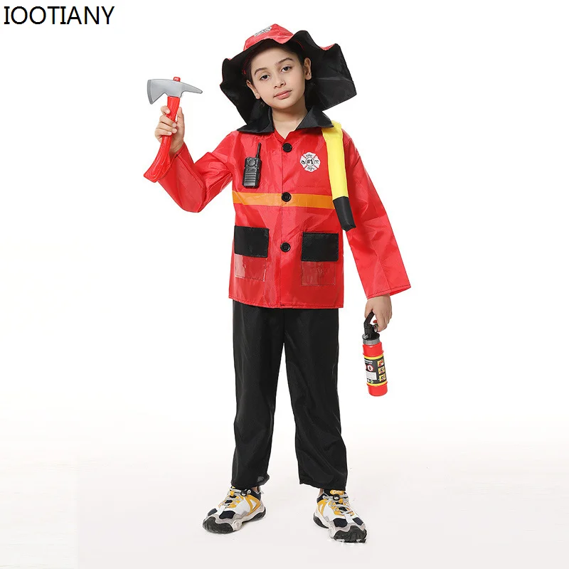 IOOTIANY Kids Children Firefighter Cosplay Costume Halloween Drag Ball Performance Costumes Carnival Party Stage Show Dress Up