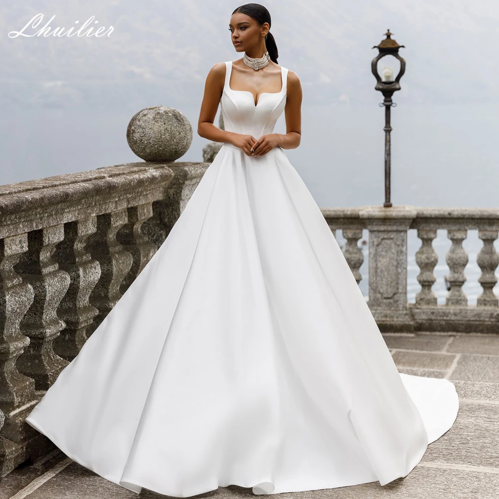 

Lhuilier Customized A Line Square Neck Satin Wedding Dresses Sleeveless Bridal Gowns with Chapel Train