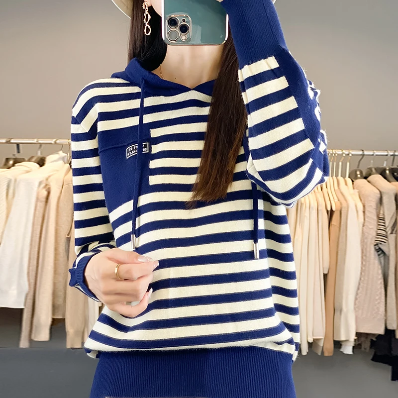 

2024 Striped Hooded collar Cashmere Pullover Woman Fashion Wool Sweater Long sleeves Splicing Loose&casual Basic Clothing Tops