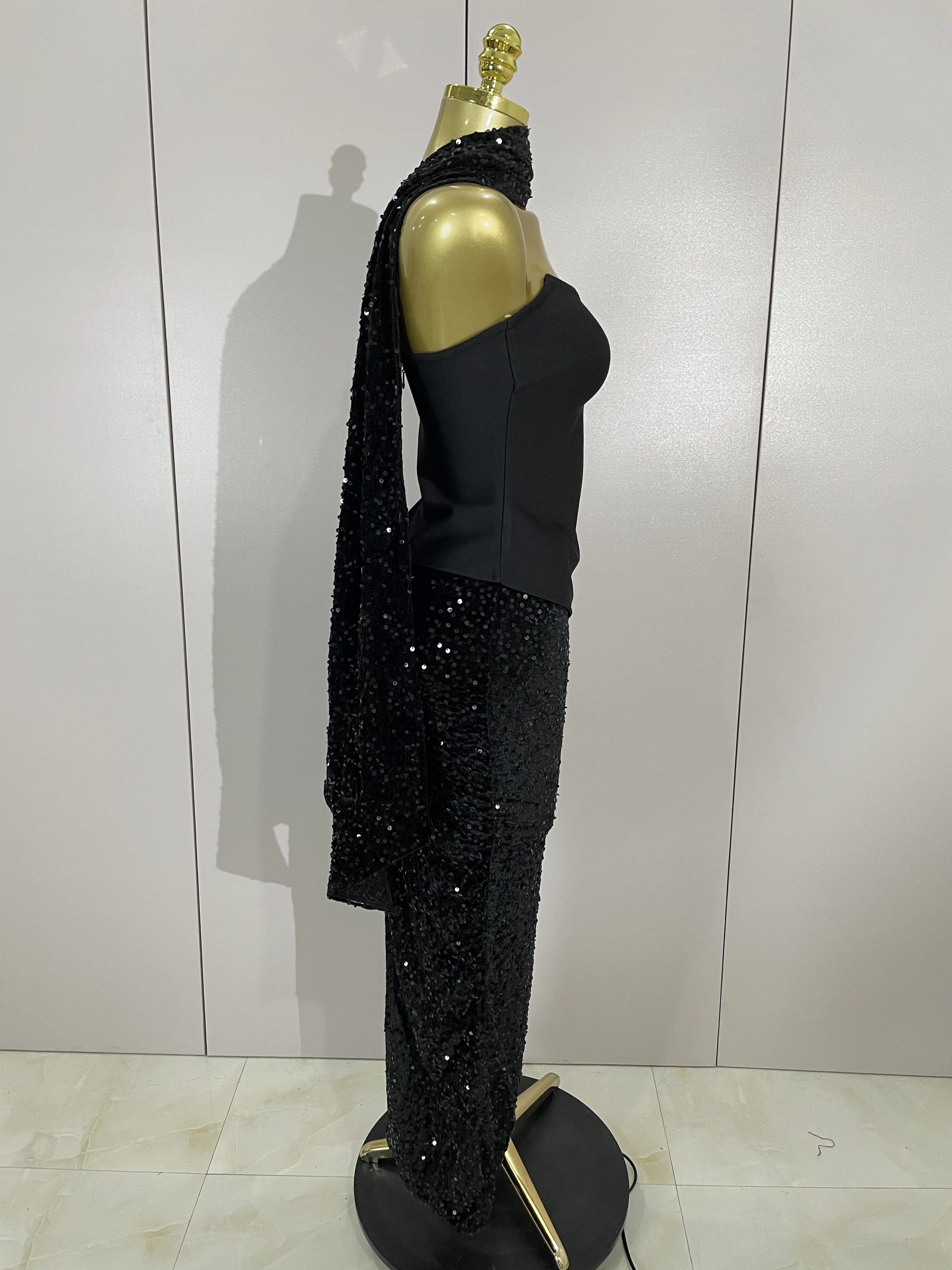 Błyszczący Cekinowy Seksowny Bez Ramiączek Czarny Maxi Długi Bandage Trzyczęściowy Zestaw 2025 Kobiety Eleganckie Wieczorowe Klubowe Imprezowe Urodzinowe Suknie Balowe