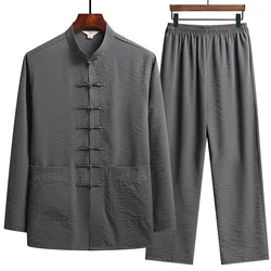 Autumn Cotton Linen Long Sleeve Suit Chinese Style Men's Clothes Traditional Kung Fu Wushu Costume Elastic Waist Top&pants