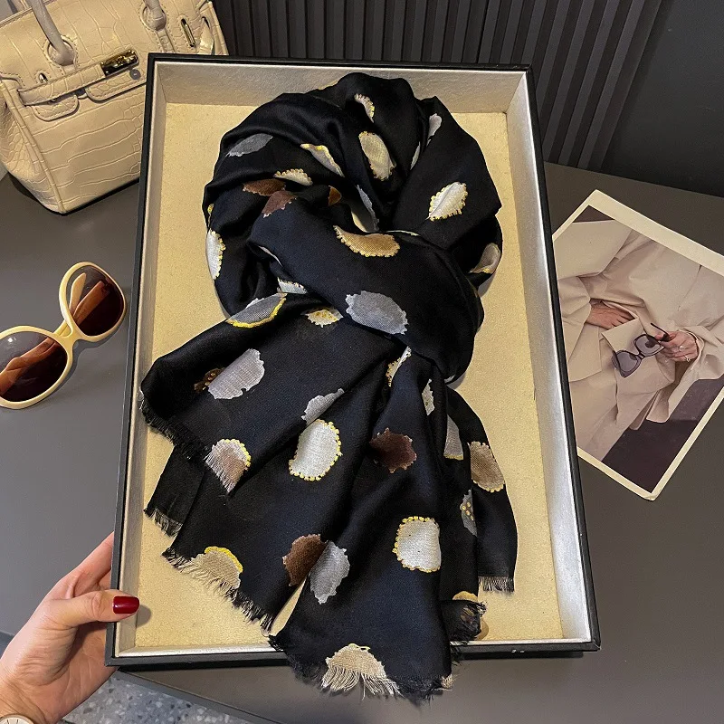 

Warm Cotton Linen Feel Scarf Gold Emed Polka Dot Silk Wrap oulder Autumn Winter Faion Accory Versatile Ethnic Sle