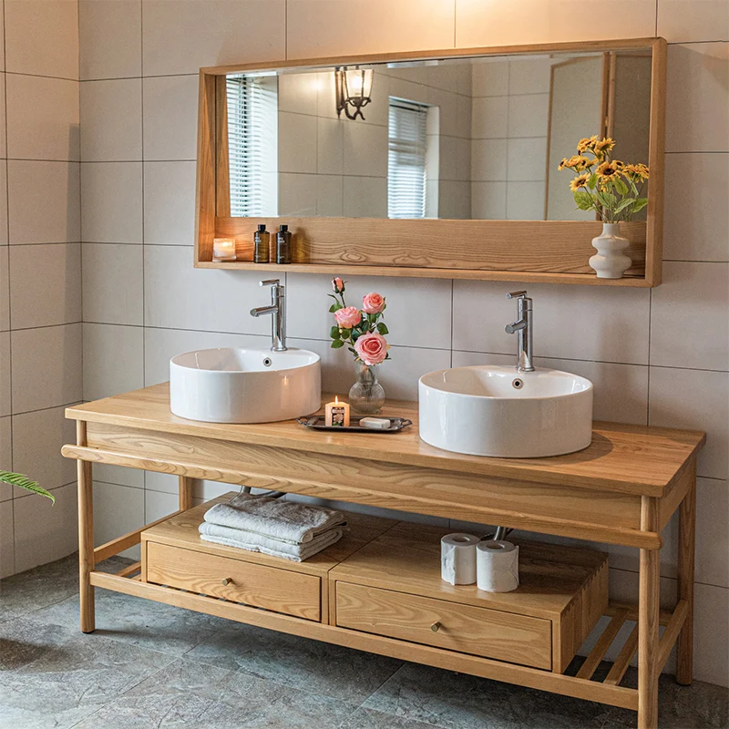 

Solid wood Japanese-style bathroom cabinet combination bathroom integrated bathroom mirror with drawer can store modern simple w