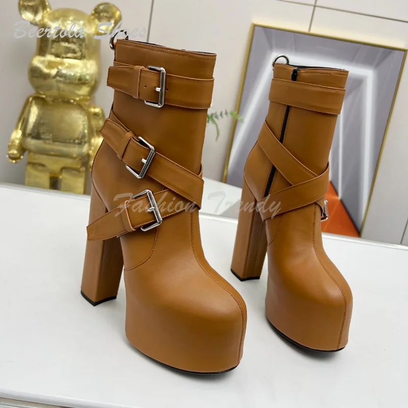 

Brown Belt Buckle Platform Block Heel Boots Women's Casual Ankle Calf Booties Black Leather Suede Gold Chain Work Concise Shoes