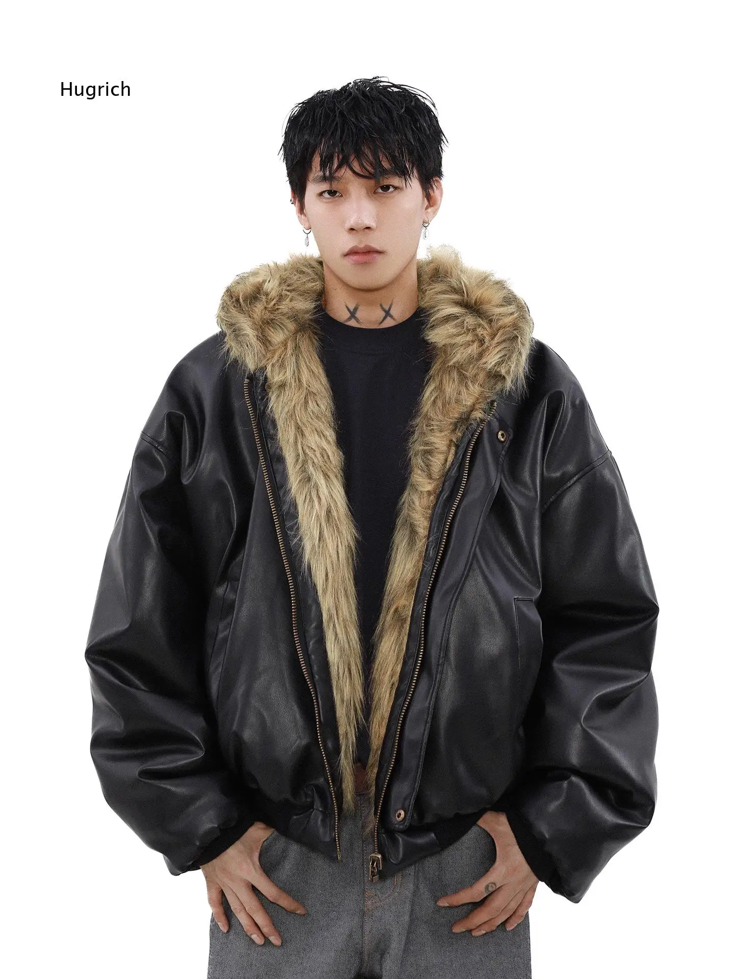 Men Reversible Faux Fur Integrated Jacket Thick Fleece Lined Cotton Coat Vintage American Style Outerwear For Winter Daily Wear