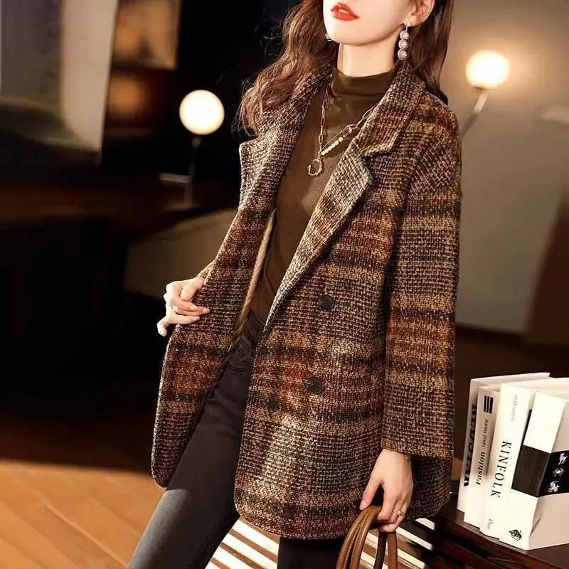 Over Blazer Woman Jacket Dress Clothes Colorblock Long Tweed Loose Coats for Women Outerwears Plaid Check Wool & Blend American