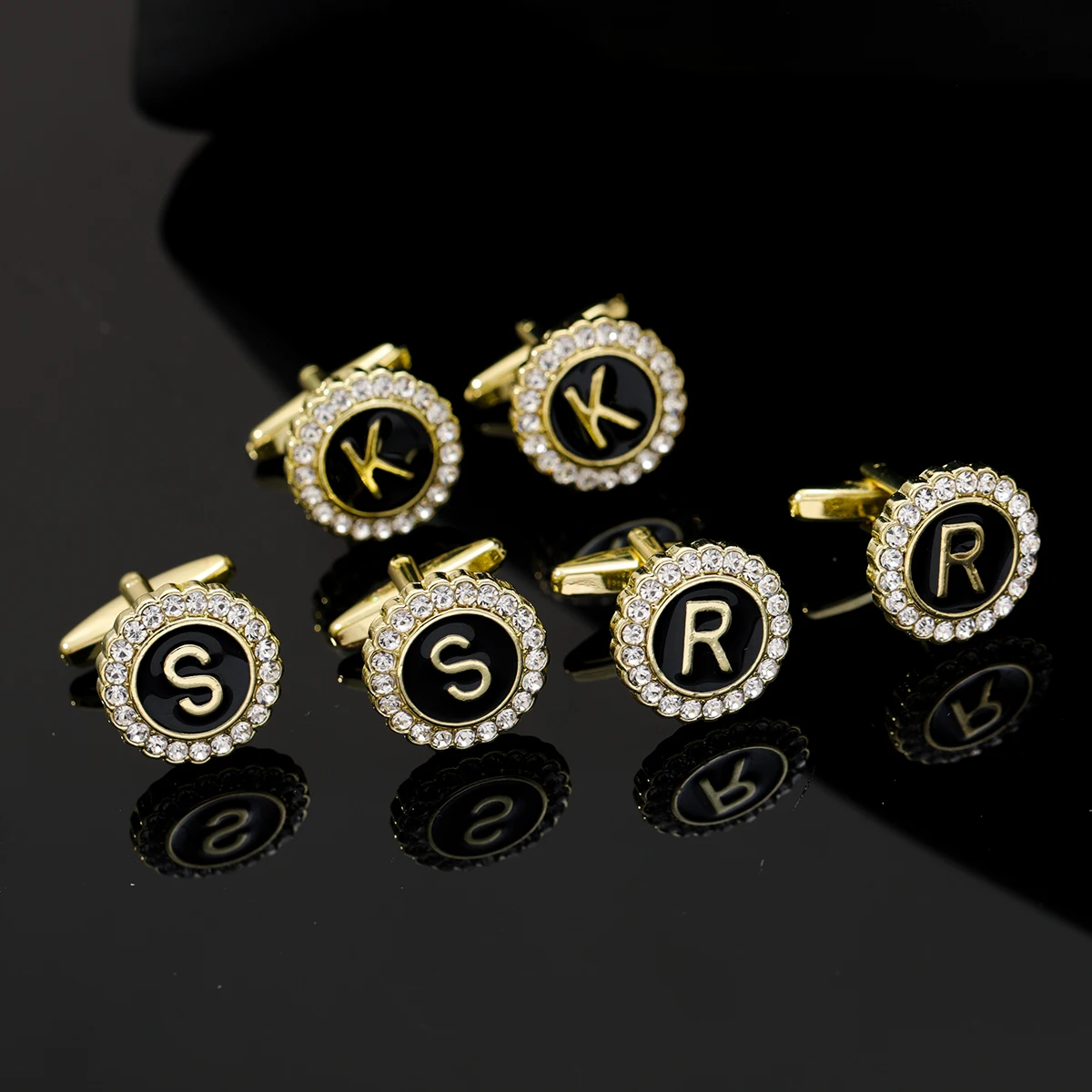Herren-Manschettenknöpfe mit 26 Anfangsbuchstaben A bis Z, Galaxie, goldene Farbe, Zahnradform, Kristall-Manschettenknöpfe, formelles Hemd, Anzug, Schmuck, Geschenk – Detail 3
