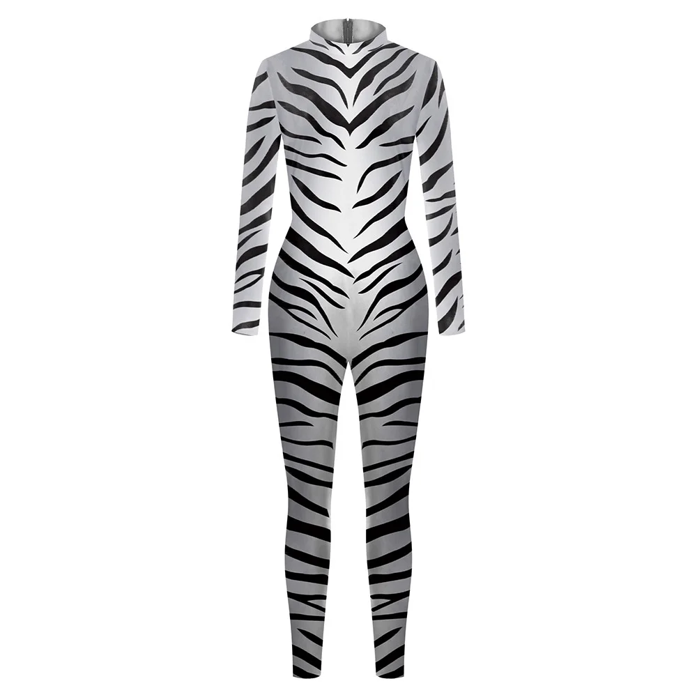 Macacão zebra impresso em 3D para adultos, traje cosplay de Halloween para mulheres e homens, listras preto e branco, animais, festa dançante, vestir-se