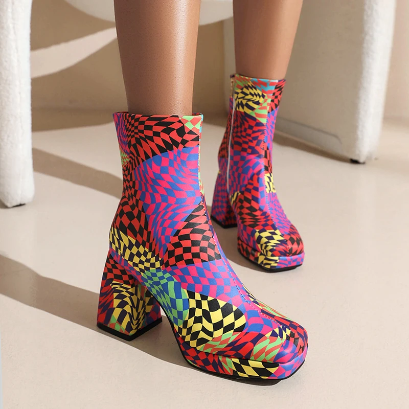 Checkerboard Pattern Square Toe Chunky Heel High-Top Women's Boots Plaid Pattern Catwalk Shoes Zip Plush Inner Winter Short Boot