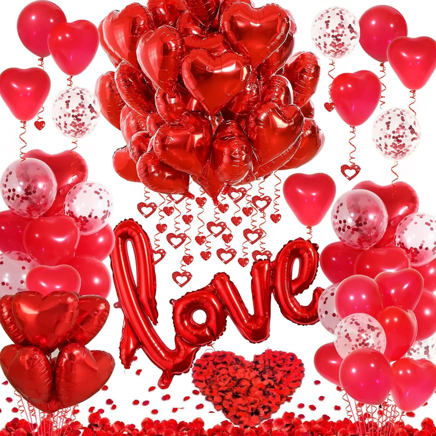 Link LOVE Letter Folienballon mit Herzballons und Blütenblättern für Hochzeit, Valentinstag, Jahrestag, Geburtstag, Party-Dekoration