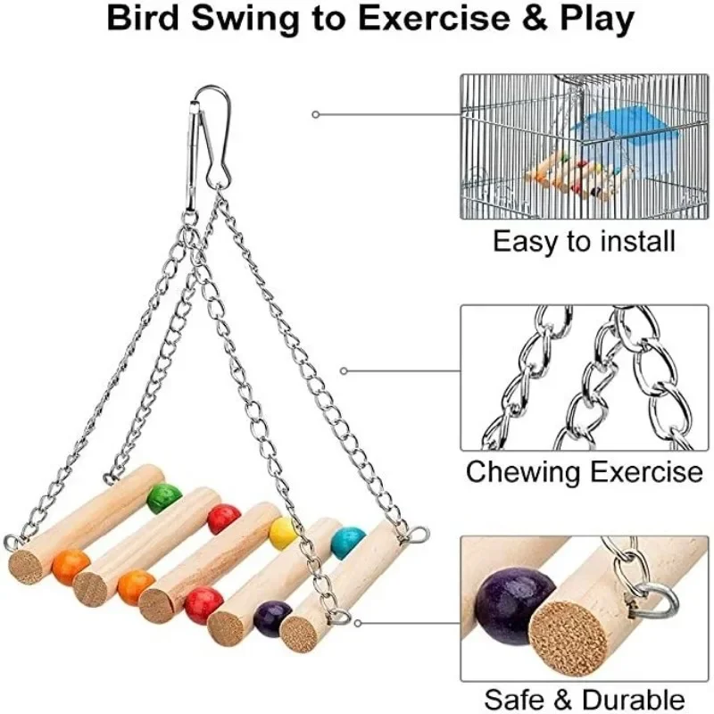 Parakeet Cockatiel Bird Toys Wooden Parrot Swing Chewing Hanging Toy Pet Bird Cage Decorate Hammock Swing Climbing Ladders