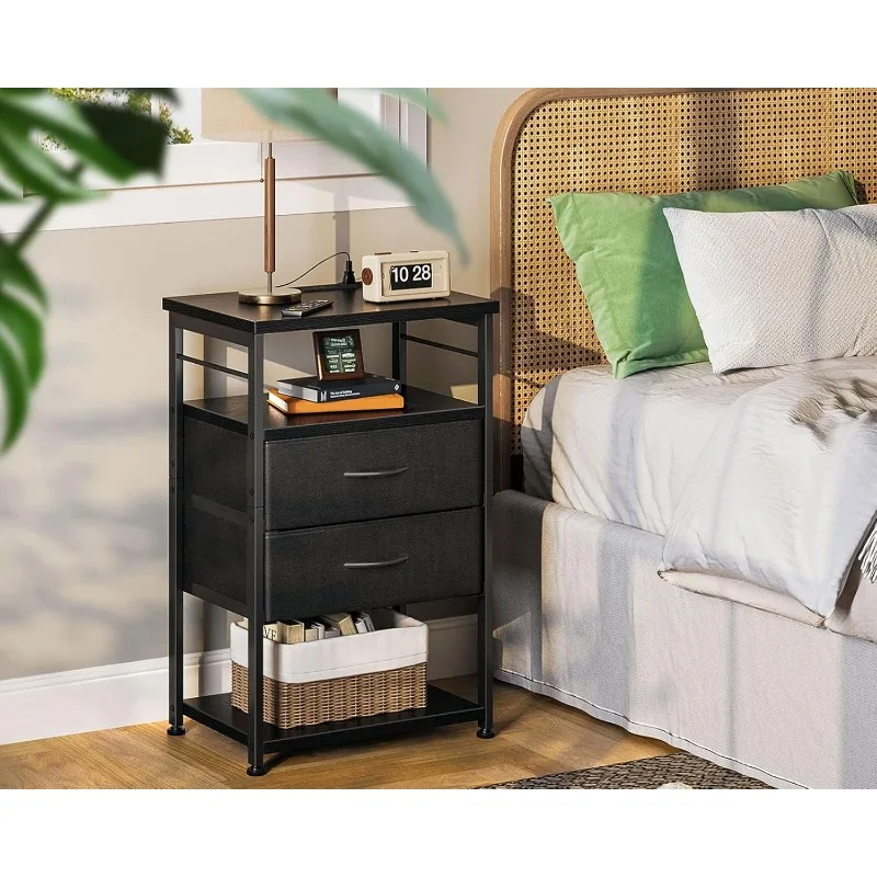 Night Stand with Charging Station,end Table for Bedroom with Drawers,Small Nightstand for Bedroom,Storage Bedside Table, Black