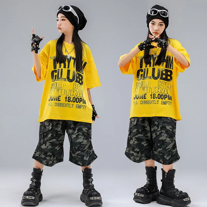 

Kid Kpop Hip Hop Clothing Yellow Letters T Shirt Camo Casual Parachute Cargo Shorts for Girl Boy Jazz Dance Wear Costume Clothes