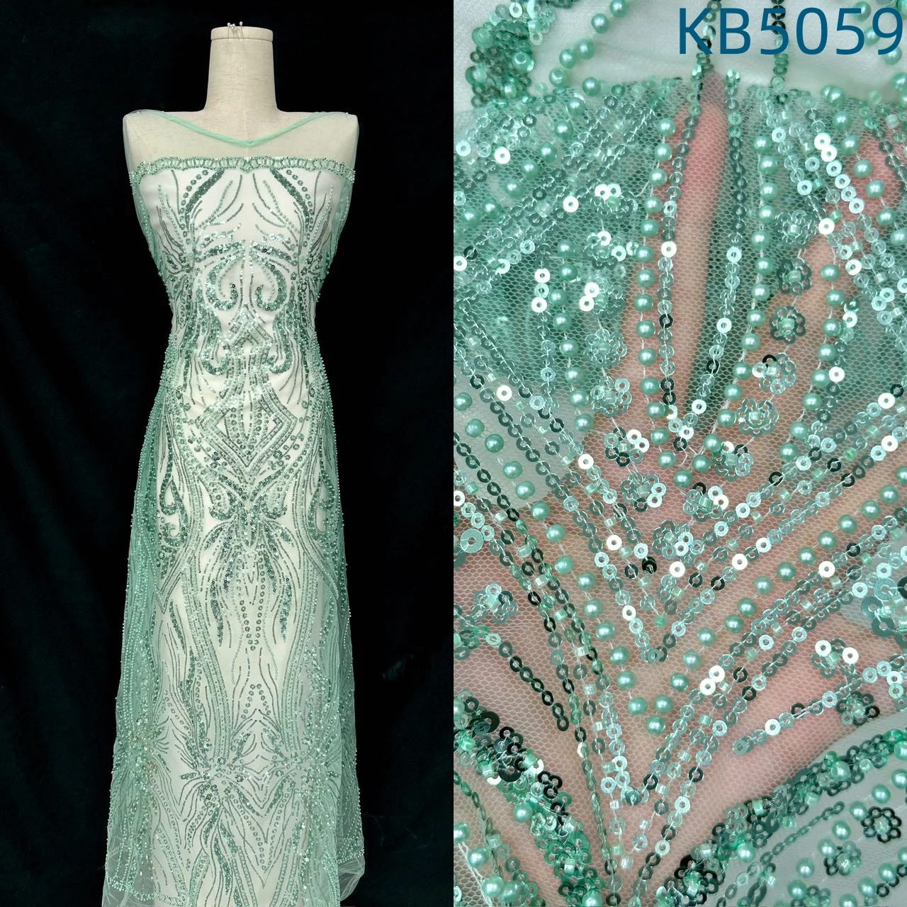 

5 Yards Green Beaded Lace Fabrics African Lace Fabric High Quality 2026 French Mesh With Sequence Embroidery For Sewing KB5059