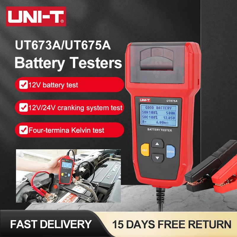 UNI-T UT673A UT675A 12V Car Battery Tester CCA Lithium Battery Test Lead Acid Battery Analyzer LED Display Print Online