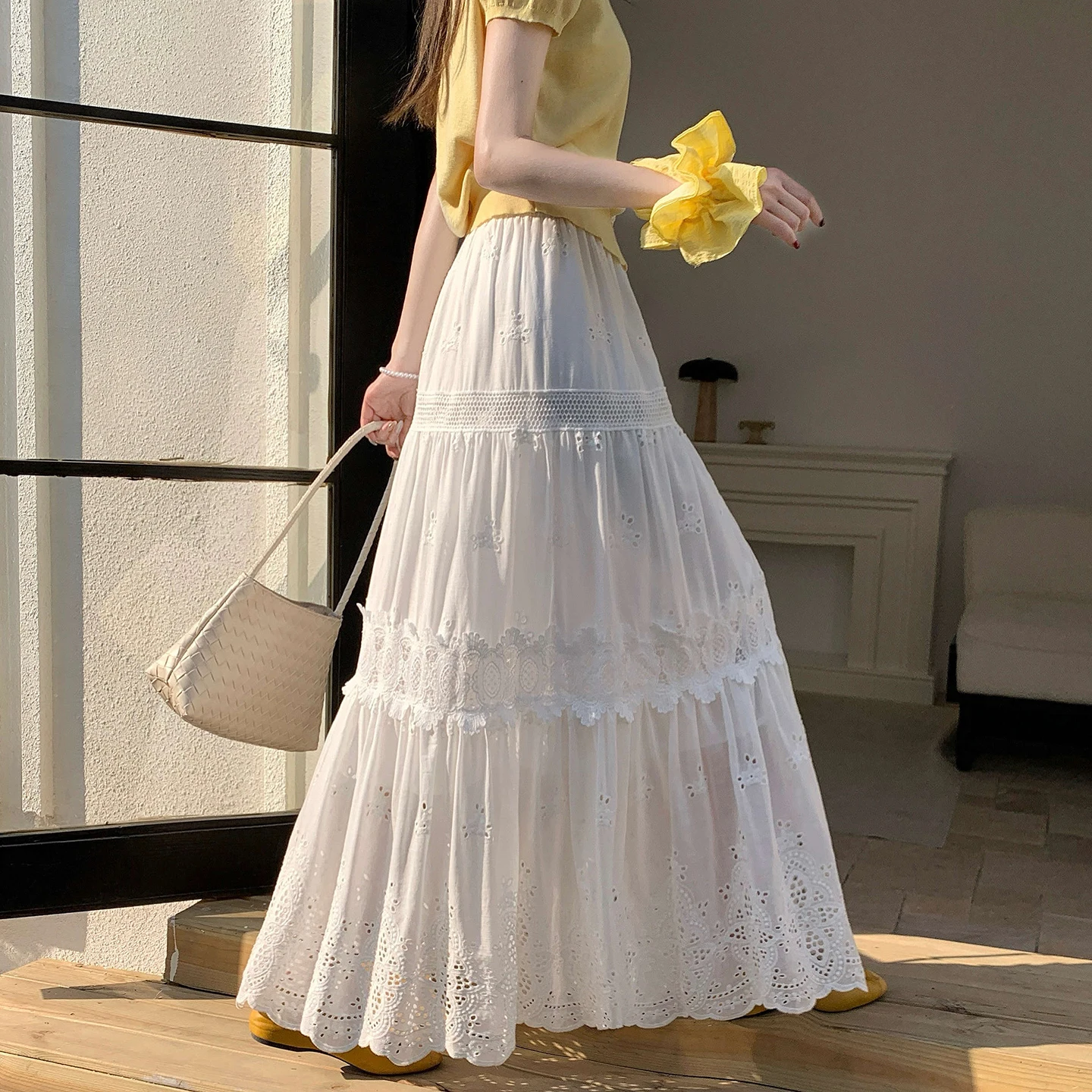 

White Lace Trim Cake Skirt Women's Midi Length A-Line Skirt Embroidered Hollow out Long Skirt Casual High Waist Cotton Gown