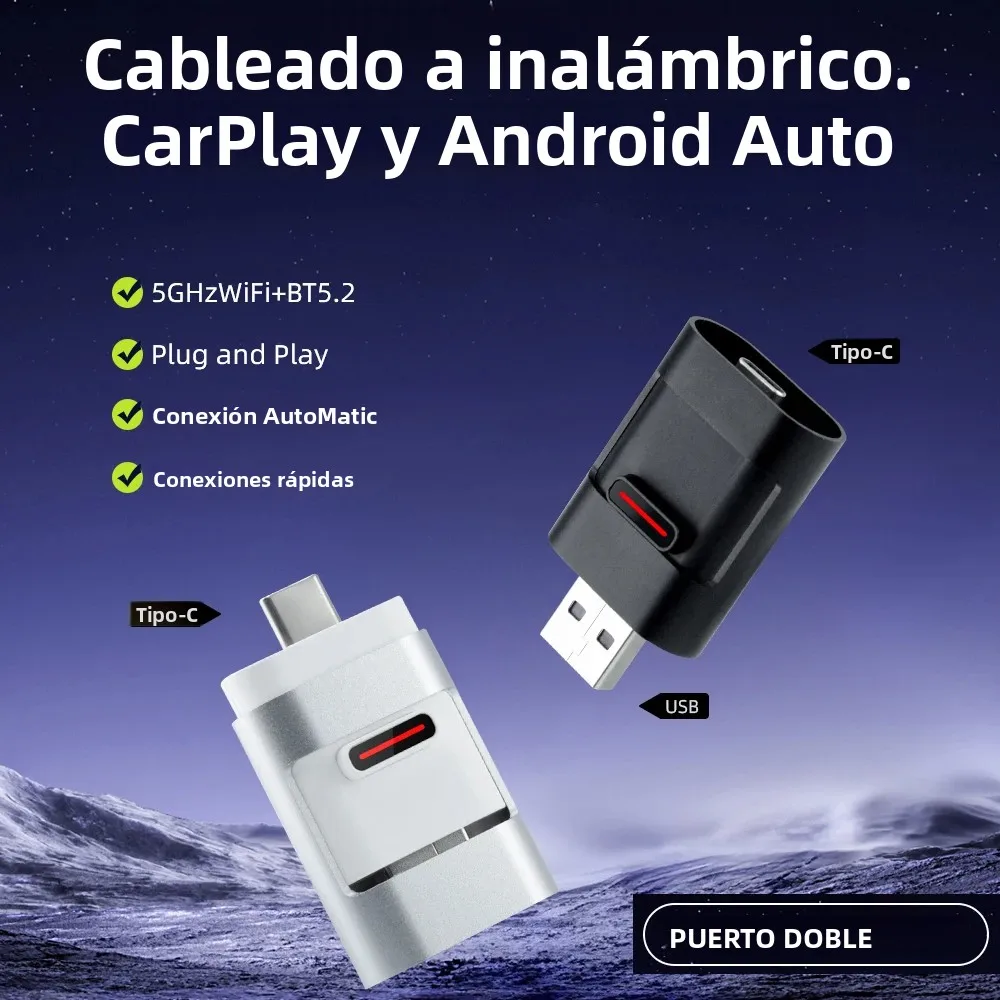 Adaptador CarPlay inalámbrico 2 en 1 2025 |   Puerto dual USB/Tipo C |   Conexión más rápida |   BT 5.2 + 5GHz WiFi |   Actualización automática de OTA