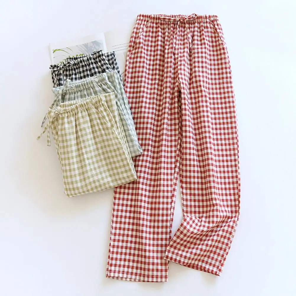 

Straight Wide Leg Pajamas Trousers Plaid Print Wide Leg Pants Stylish Mid-rise Trousers with Drawstring Waist for Women's