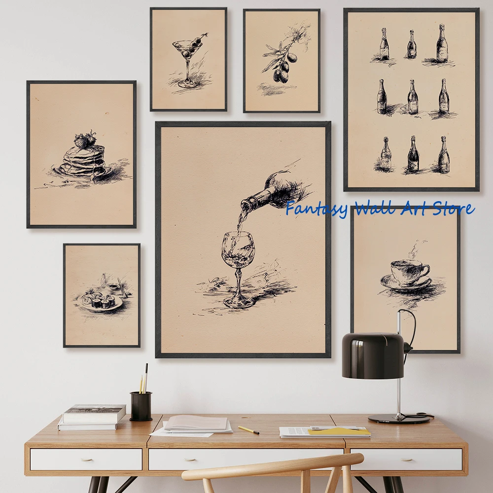 Vintage Sketch Kitchen Food Drawing Dessert Cake Fruit Branch Wine Rustic Kitchen Poster Canvas Painting Wall Picture Home Decor