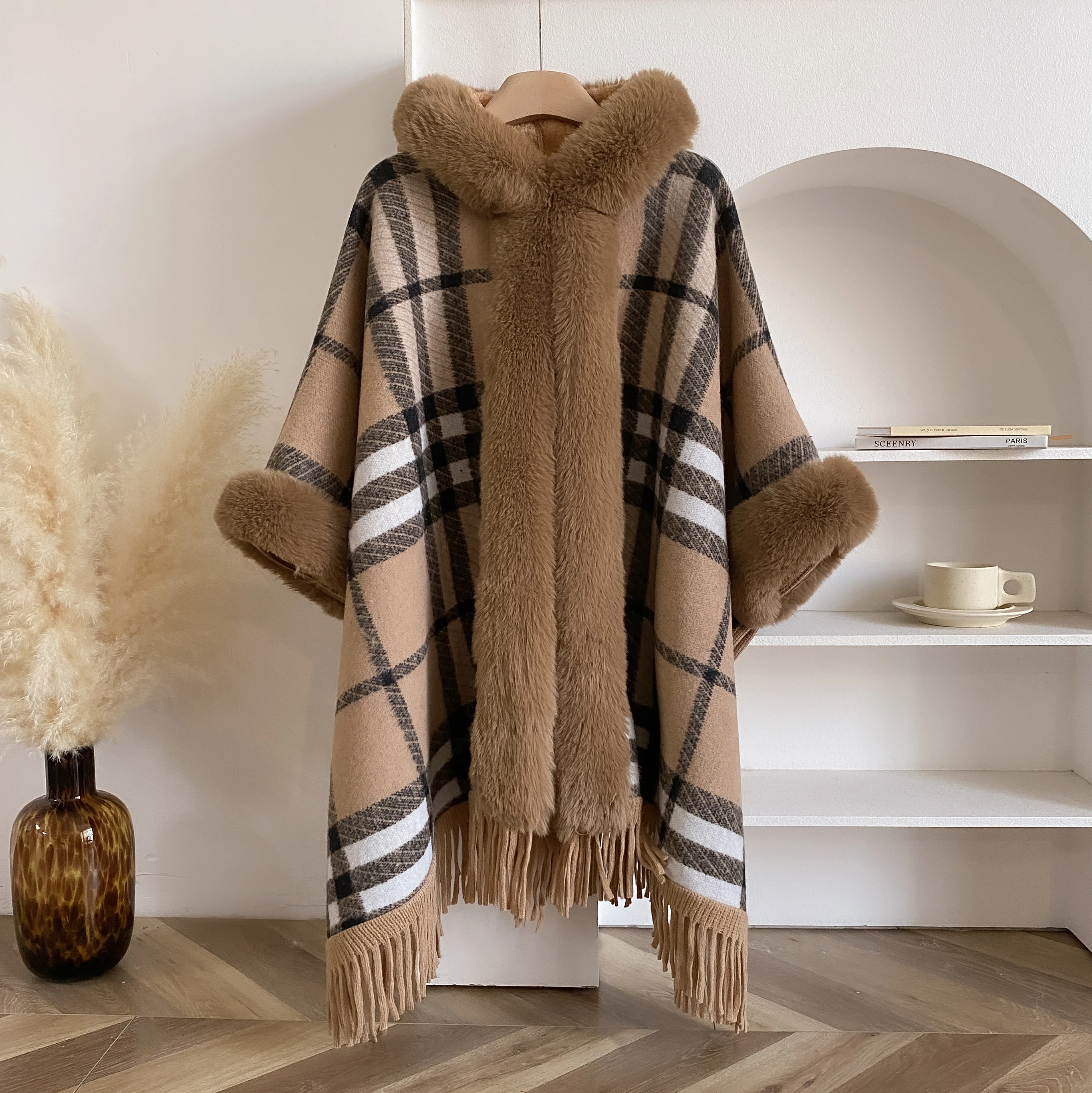 2024 New Winter Plaid Thicken Fleece Collar Cape Coat With Hat Elegant Beautiful Long Tassels Women Party Dress Cloak Warm Wraps