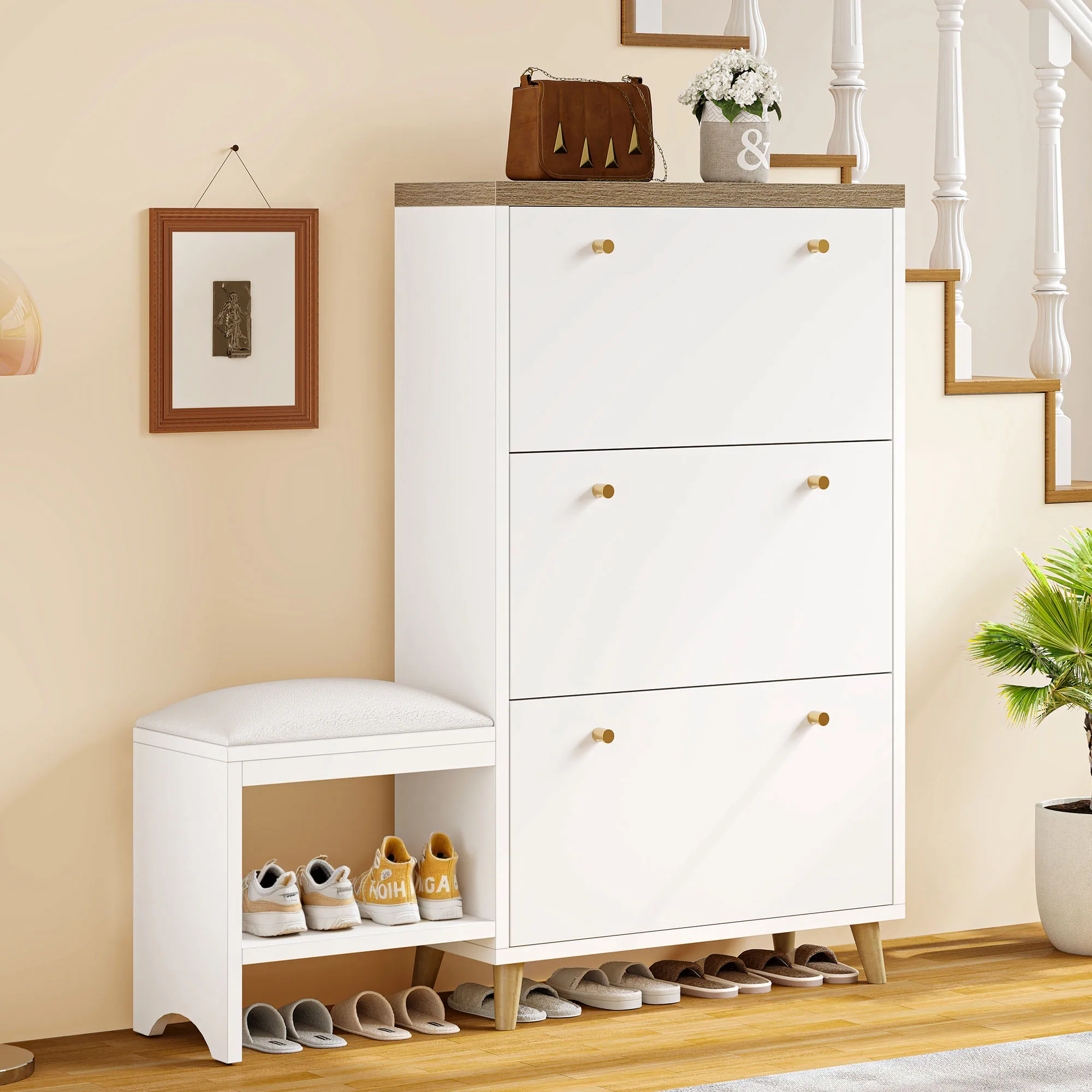 Shoe Cabinet with 3 Flip Drawers Shoe Bench with Cushion for Entryway Hallway