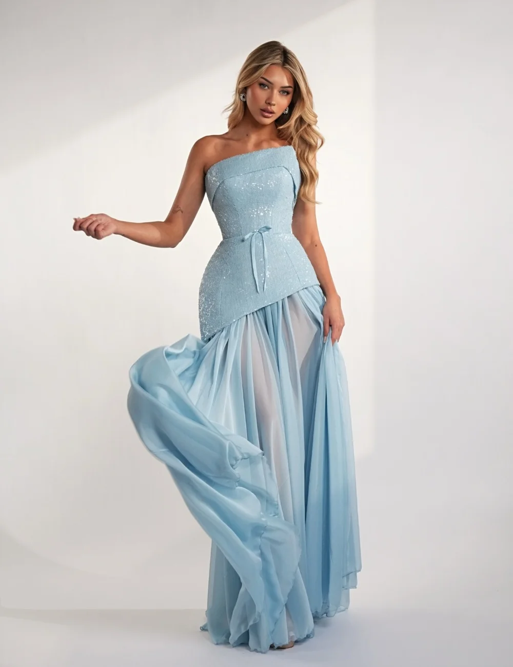 

Customized Fashion Sparkle Sash Beading Sequined A-line Strapless Floor-Length Evening Dresses Sizes Available