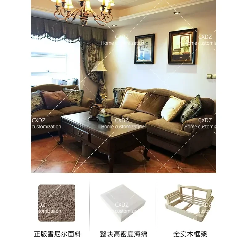 Retro Country Style Coffee Brown Velvet Sofa Simple 3 Seater Corner Combination for Small Apartment Living Room Furniture