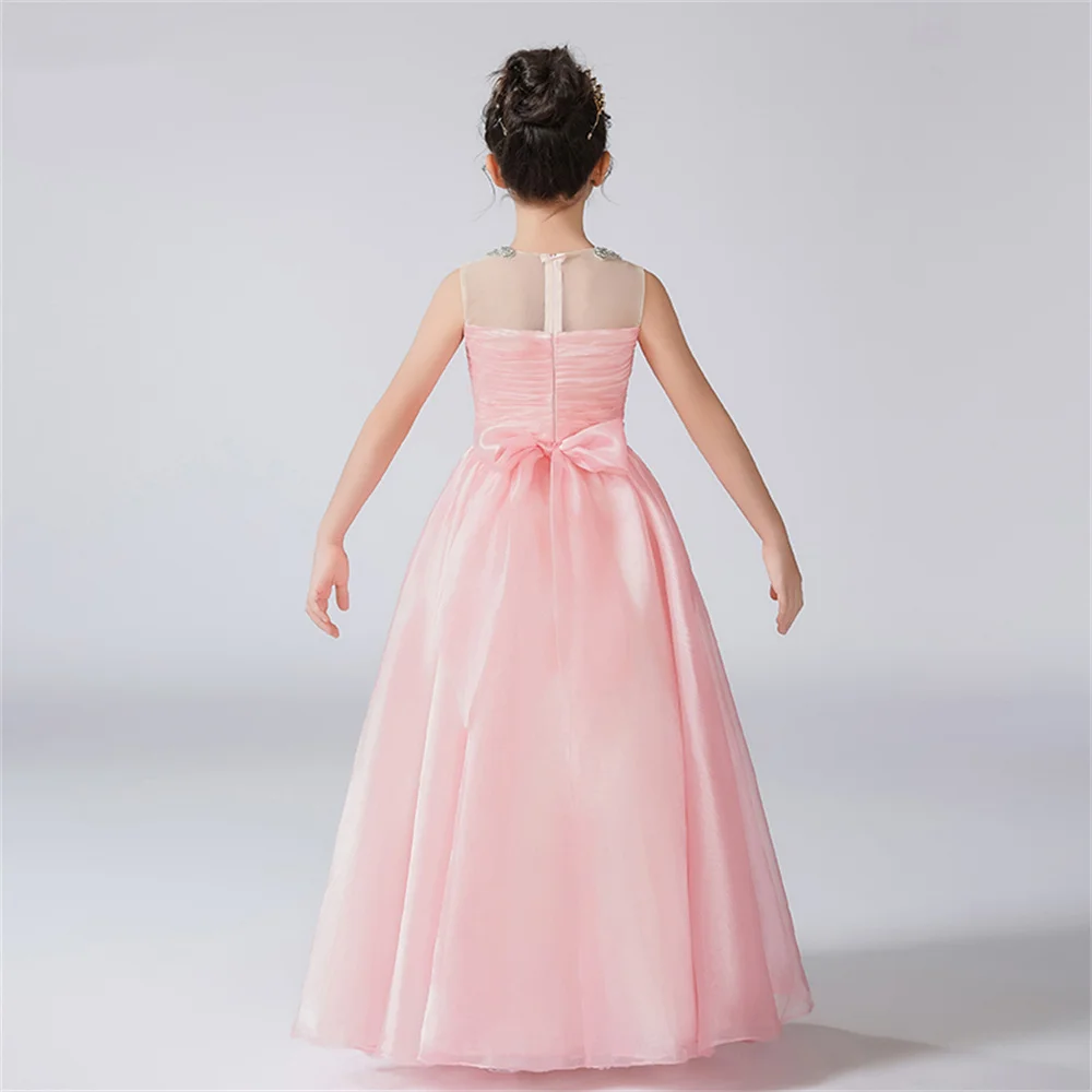 Dideyttawl Customized Organza Pleats O-Neck Dress For Girl Flower Girl Dresses Sleeveless Kids Birthday Formal Princess Gowns