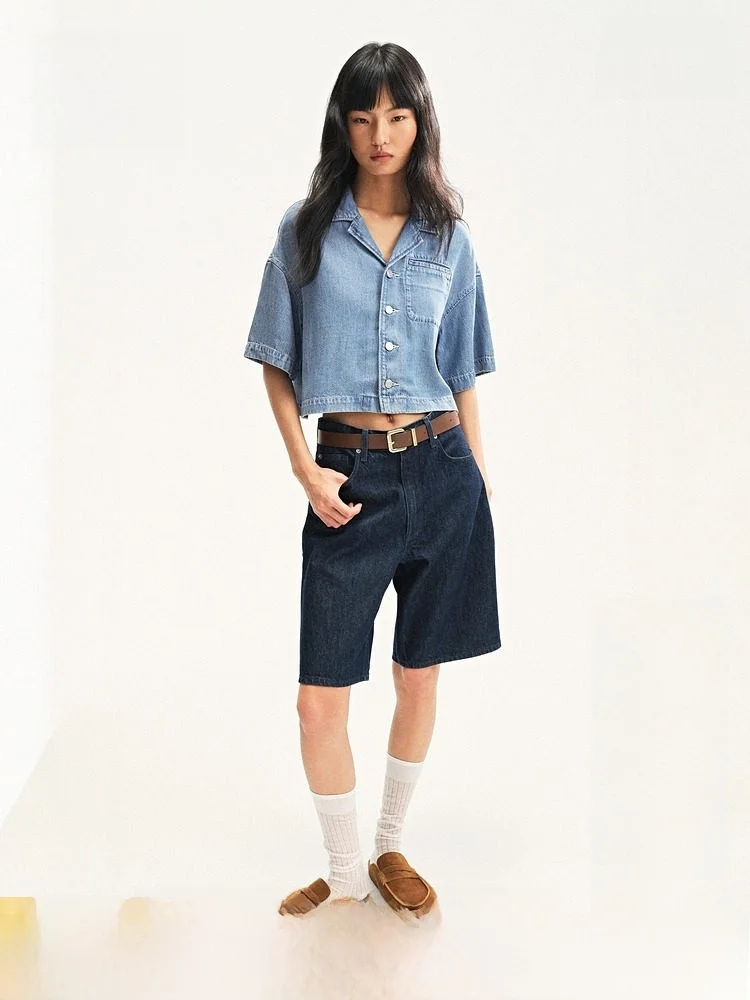 

Женская джинсовая рубашка H&M из мягкого хлопка, летняя, повседневная, прямого кроя, с коротким рукавом, отложным воротником, однотонная, модная