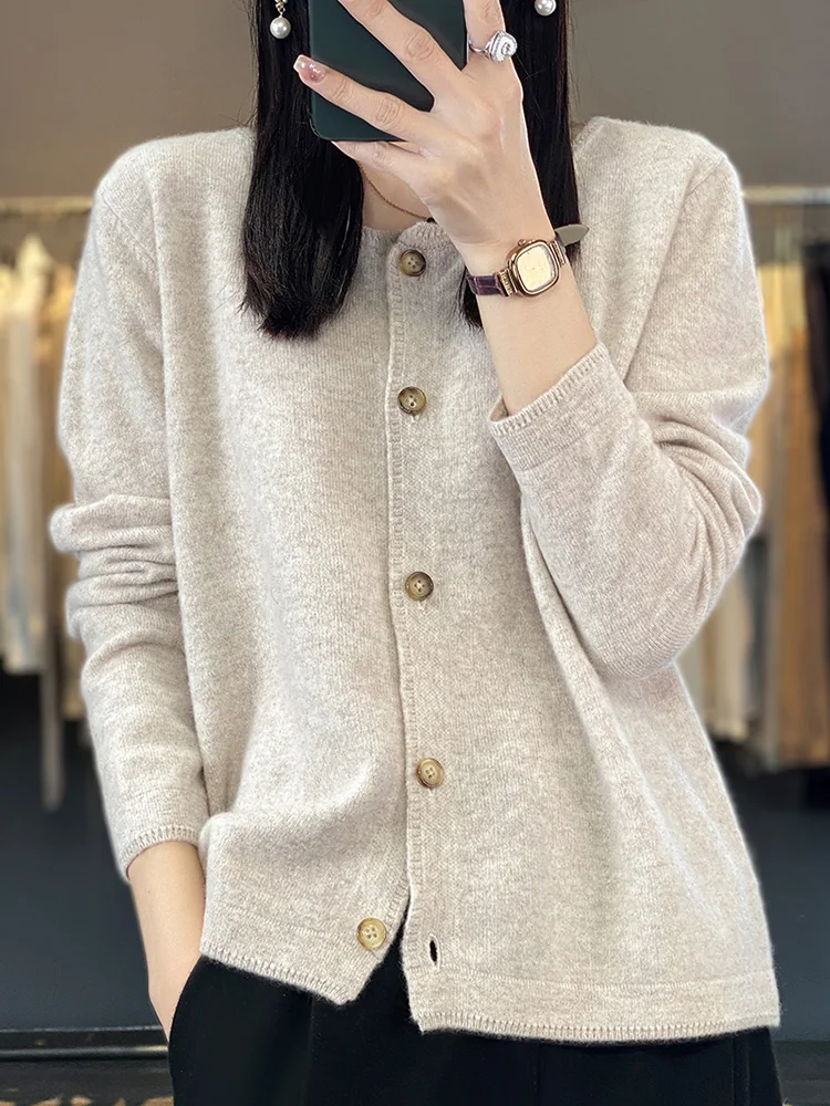 Ladies 100%Pure Wool Cardigan Casual Long Sleeve Knitted Coat Fancy Round Neck Loose Female Jacket Autumn Winter New Warm Blouse