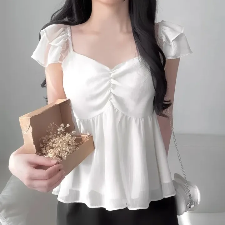 

Summer Pure Desire Wind Pleated V-neck Short Loose Hem Lace Shirt Women's Loose Short Flounce Sleeve Chiffon Top