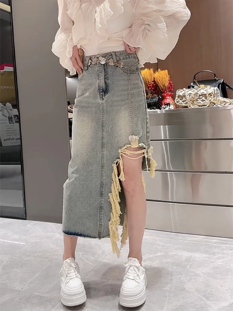 Ripped Irregular Denim Skirt for Women New Retro Slit Mid-length Skirt High Waist Female Clothing Street Style