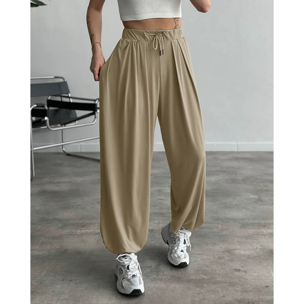 2025 New Women's High Waist Elastic Dtrawstring Cuffed Pants Femme Casual High Stretch Loose Fit Ruched Lace-up Long Trouses