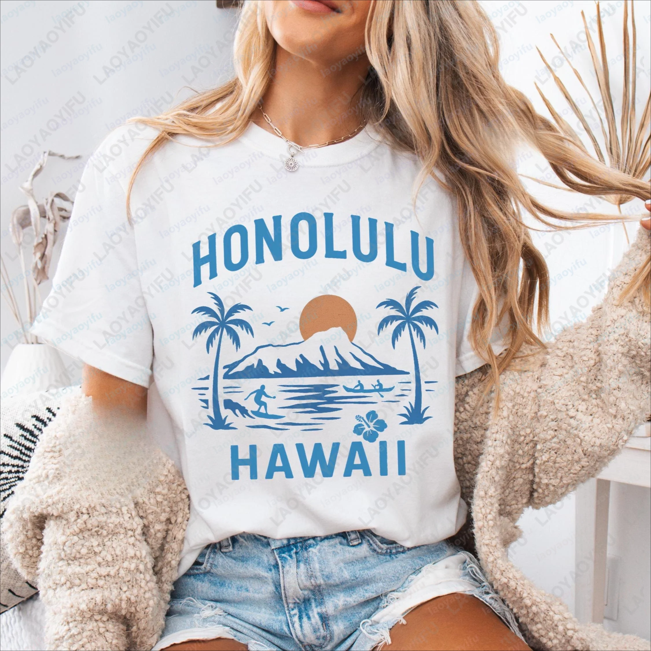 Vintage Honolulu Hawaii Island Souvenir T-shirt Retro Beach Vacation Clothing Casual Fashion Loose Harajuku Man Women Tees