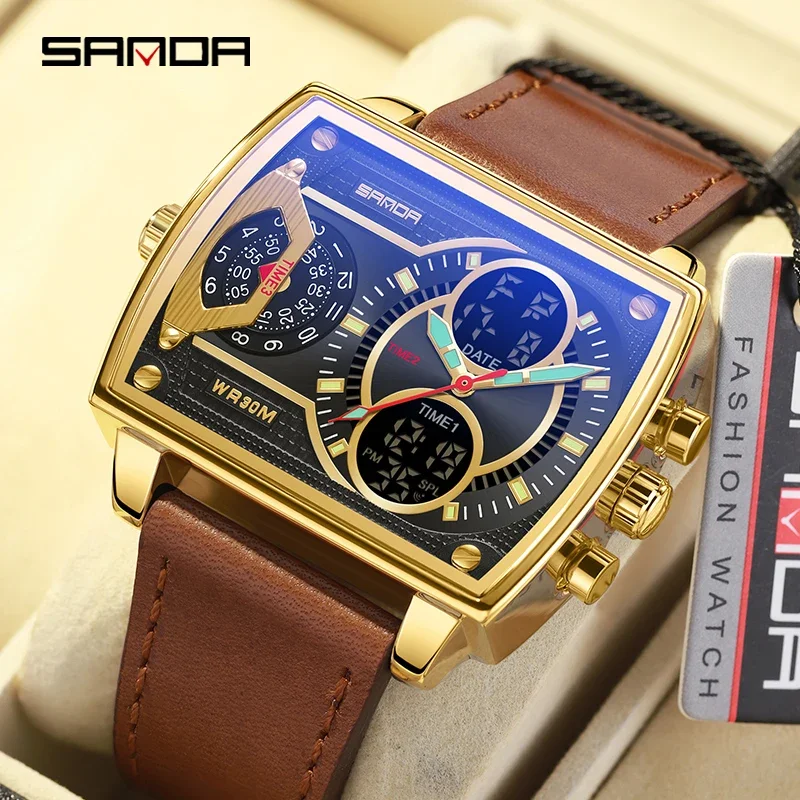 

SANDA Top New 6032 Luxury Man Quartz Watch Fashion Square Watch Men Countdown Sports Waterproof Double Display LED Digital Watch