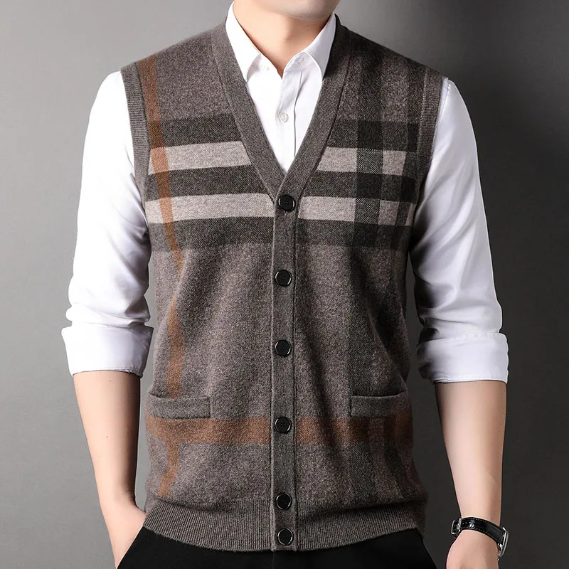 Men's Cashmere Wool Cardigan Sweater Vest Sleeveless V-Neck Cardigan Fashion Fashion Design Splicing Knitted Sweater Coat