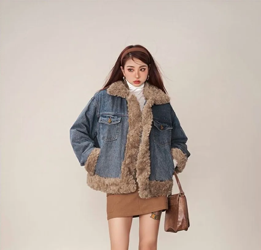 Turn Down Collar Denim Sweet Coat For Women 2023 Thicken Warm Retro Fur Collar Button Down Jacket New Fashion Oversized Coats