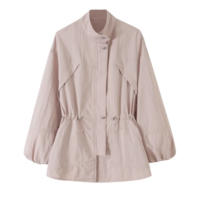 2026 New Women Stylish Pink Stand Collar Zipper Jacket Elegant Drawstring Waist Outerwear Elastic Cuff Casual Chic Ladies Coat