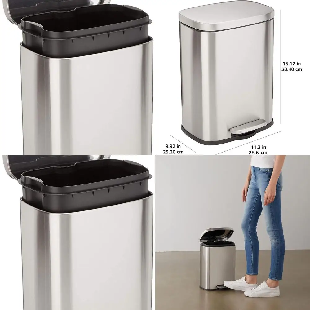 

Soft-Close Brushed Steel Trash Bin, 12L, Satin Nickel, 11.3 x 9.9 x 15.1