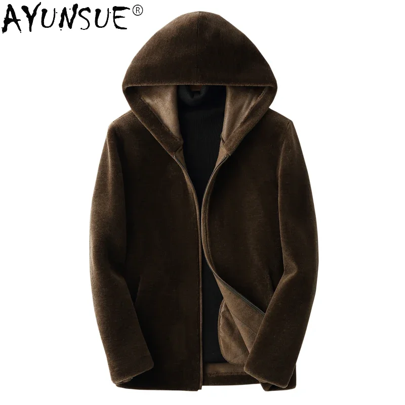 AYUNSUE Sheep Shearing Jacket Men Clothes Men's Lamb Wool Motorcycle Hooded Jackets Thicken Outerwear Winter Coat Man Jaqueta