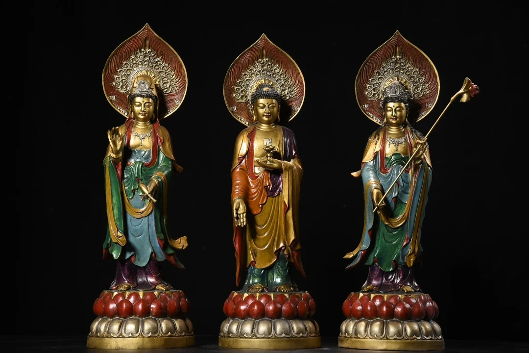 

19"Tibetan Temple Collection Old Bronze Painted Gilded Three Sages Shakyamuni Guanyin Bodhisattva Station Buddha Worship Hall