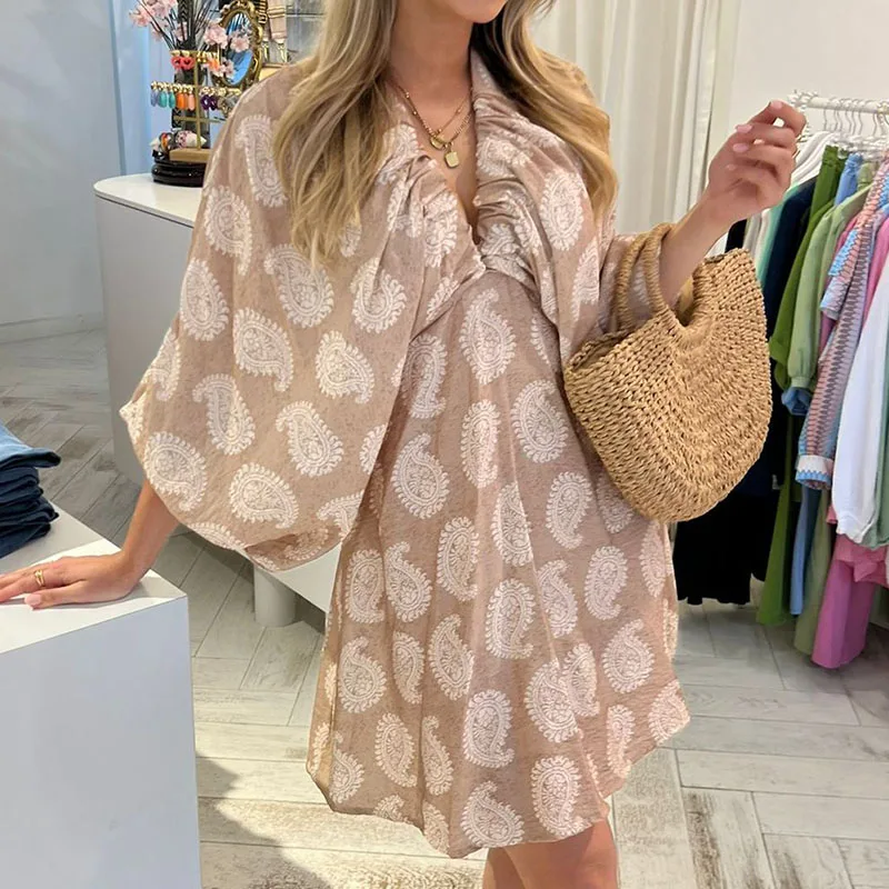 

Office Fashion Elastic Waist Loose Female Dress 2024 Elegant Deep V-neck Printed Mini Dress New Women Swing Party Dress Vestido