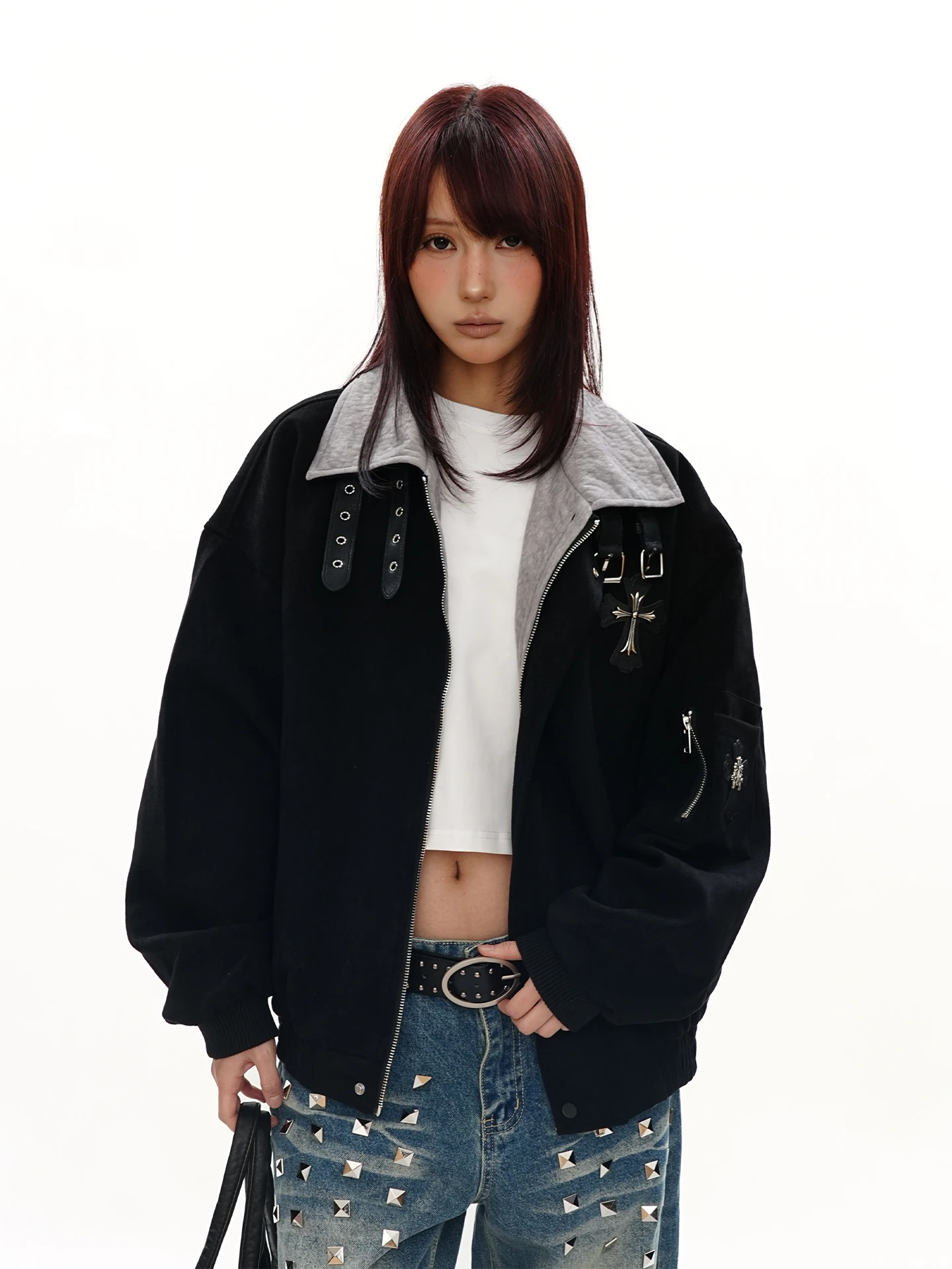 

S3T5 Original Cross Patch Suede Jaet ex Vintage Color Blo Collar Versatile ort Outerwear Polyester Fiber Zipper Clo...