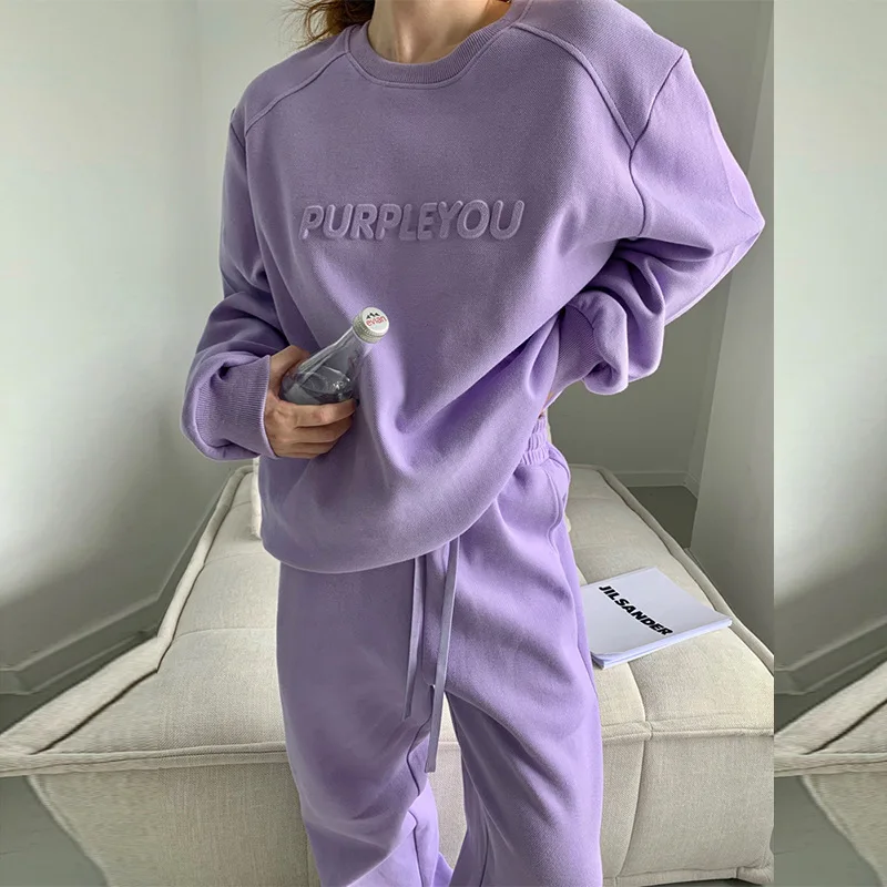 Sweatshirt Two Piece Women Sweatpants and Hoodie Set Purple Sweatsuits for Women Casual Tracksuit Suit Winter Clothes Women