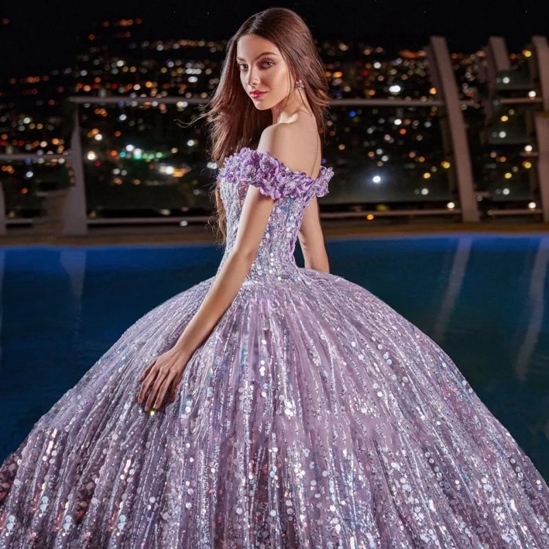 Vestido de noche de lujo con cuello de barco y hombros descubiertos, vestido de noche con lentejuelas y flores, vestido de baile hasta el suelo, tren de barrido, vestido de Quinceañera de tul, 2024