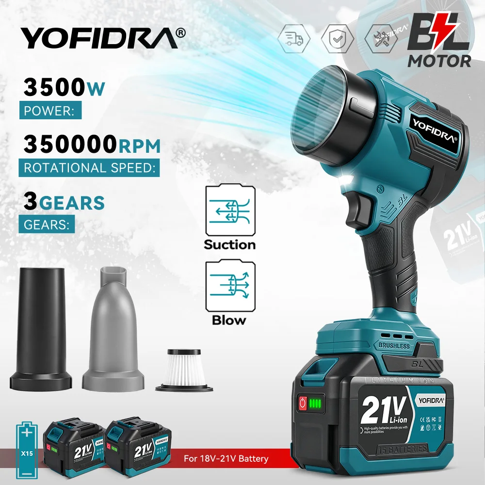 YOFIDRA Bürstenloser 2-in-1-Turbo-Luftgebläse-Staubsauger, 3500 W, elektrischer Turbo-Gebläse-Jet-Lüfter, Heim- und Auto-Elektrowerkzeug für Makita-Akku