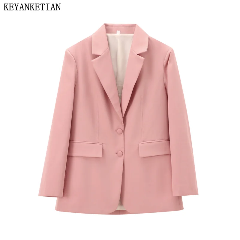 

KEYANKETIAN 2024 New Launch Women's Pink straight-leg suit Spring /Autumn Simply Coat Single Breasted Flap Pockets Outerwear Top